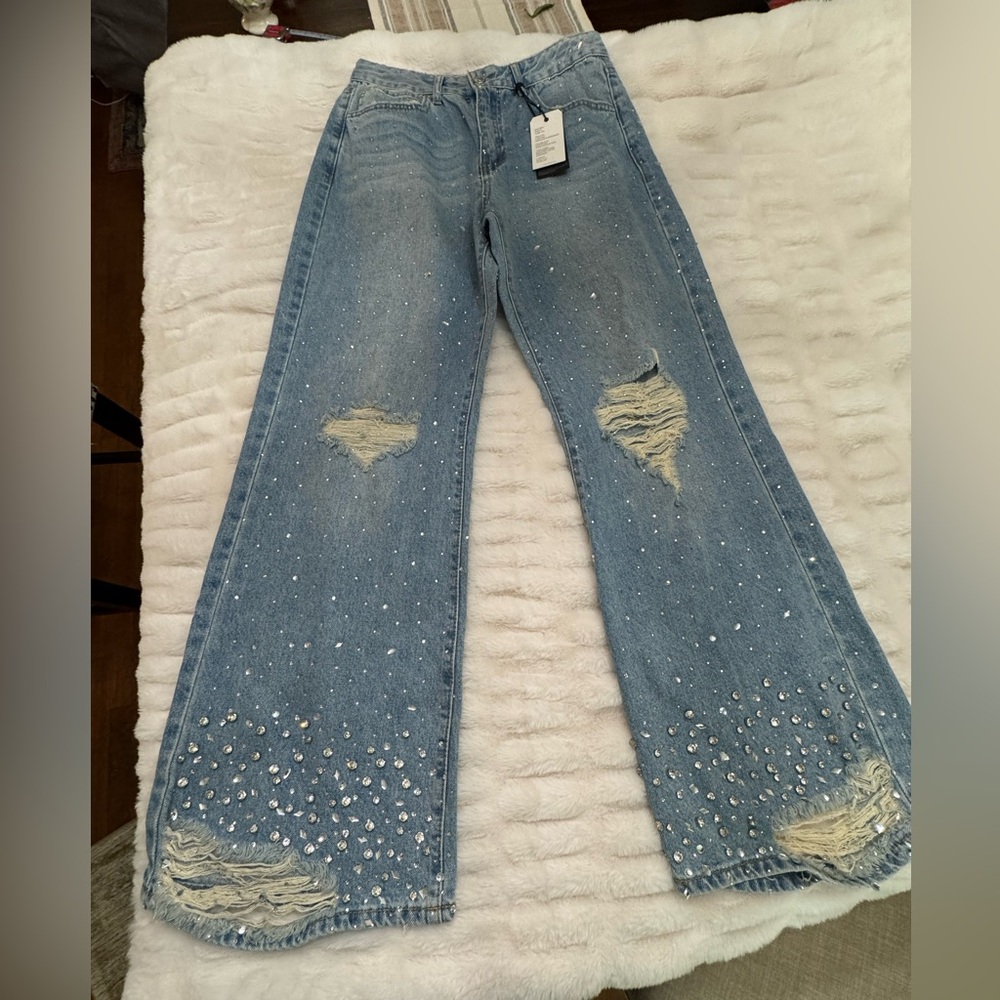 Forever 21 Blue Distressed Flare Jeans with Rhinestones